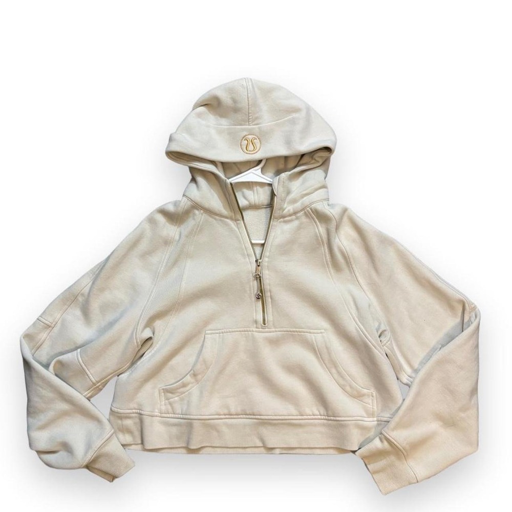 Lululemon Scuba Oversized Half Zip Hoodie M/L Cream Ivory Gold Logo Cropped